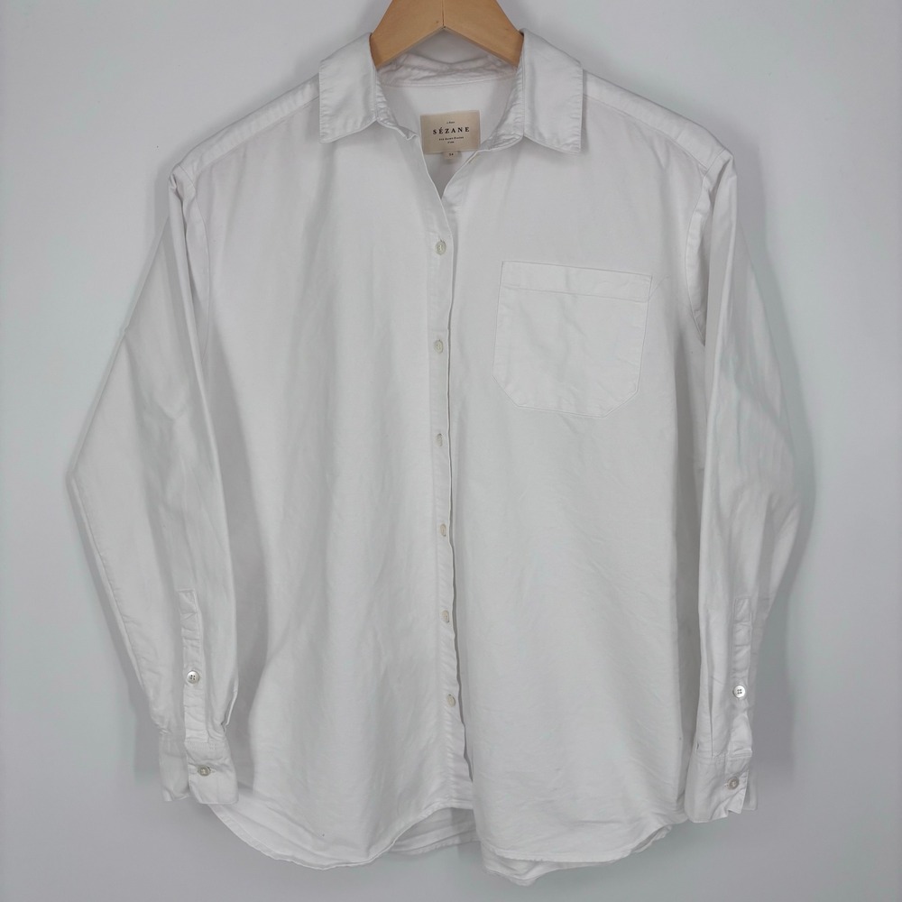 Sezane Max Shirt Women 34 White Organic Cotton Long Sleeve Button Down Blouse